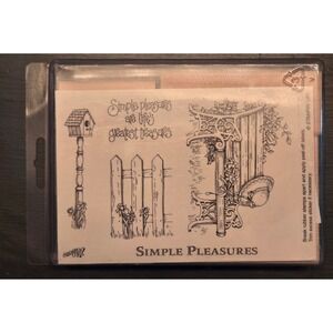 Stampin Up Simple Pleasures Rubber Stamp Set Garden Birdhouse Fence‎ NEW Rare